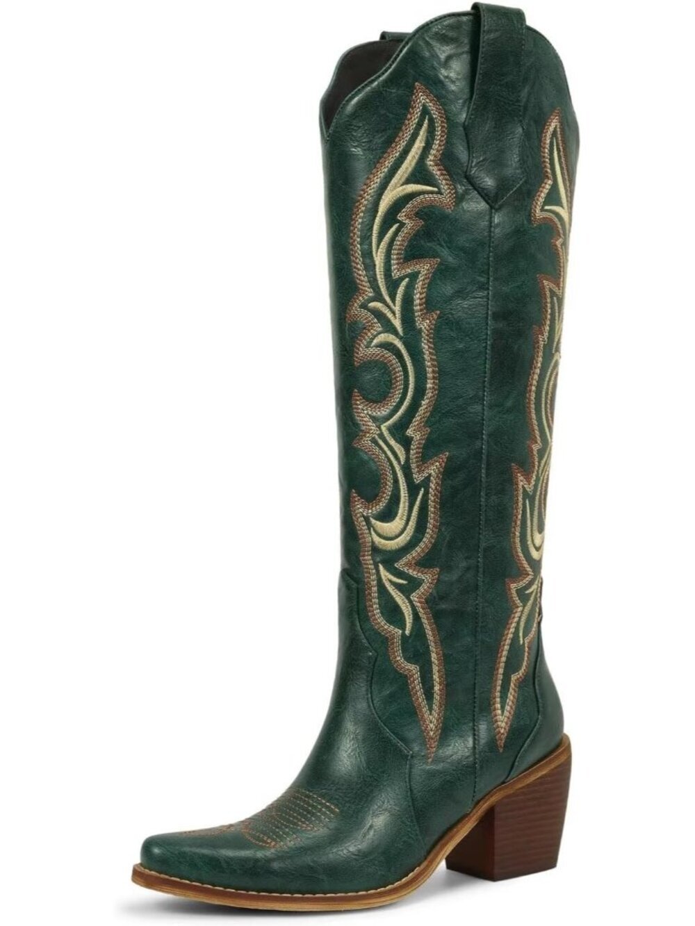 Women's Matte Green Faux Leather Cuban Heel Pointed Toe Cowgirl Western Boots